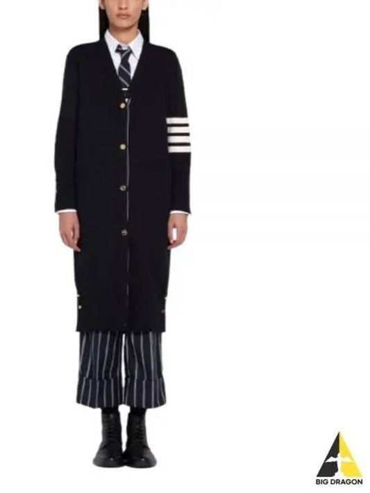 Cotton Crepe Milano Stitch 4-Bar Long V-Neck Cardigan Navy - THOM BROWNE - BALAAN 2