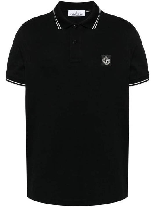 Stretch Cotton Pique Short Sleeve Polo Shirt Black - STONE ISLAND - BALAAN 1