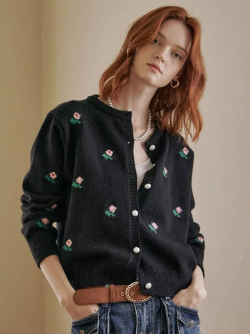 Pearl button flower round neck knit cardigan - MAXZA - BALAAN 1