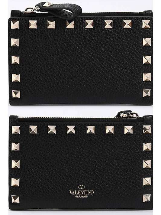 Logo Rockstud Leather Card Wallet Black - VALENTINO - BALAAN 2