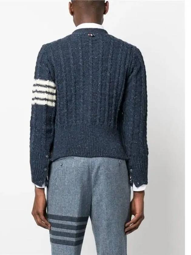 Donegal Twist Cable 4 Bar Classic V Neck Cardigan Blue - THOM BROWNE - BALAAN 5