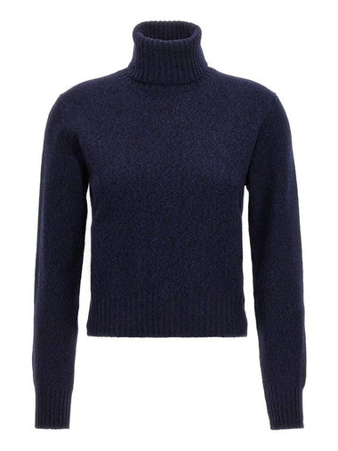 Embroidered Logo Cashmere Wool Turtleneck Blue - AMI - BALAAN 1