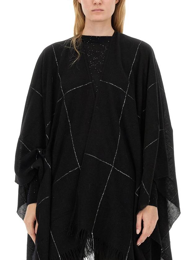 Windowpane Print Fringe Edge Poncho Cape Black - FABIANA FILIPPI - BALAAN 5