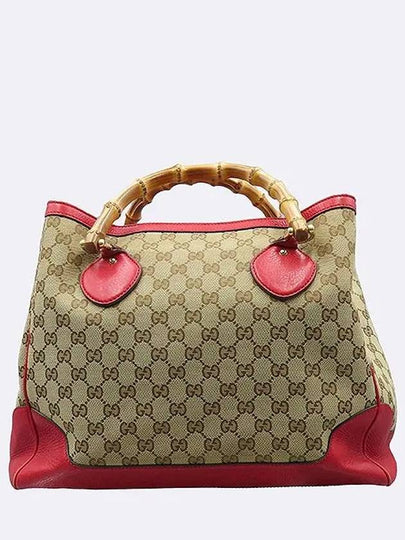 282317 GG logo jacquard red leather trimming bamboo tote bag - GUCCI - BALAAN 2