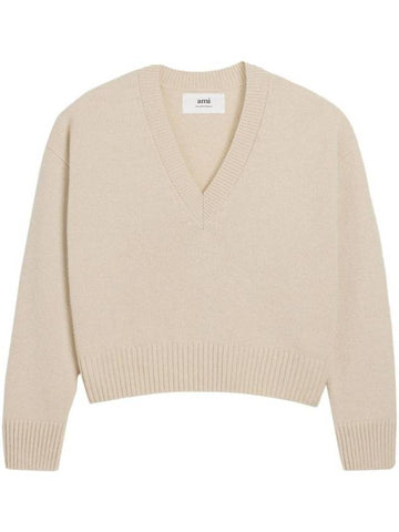 Crop Wool Cashmere Blend Knit Top Beige - AMI - BALAAN 1