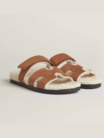 Chypre Shearling Sandals Beige Craft Ecour Brown - HERMES - BALAAN 1