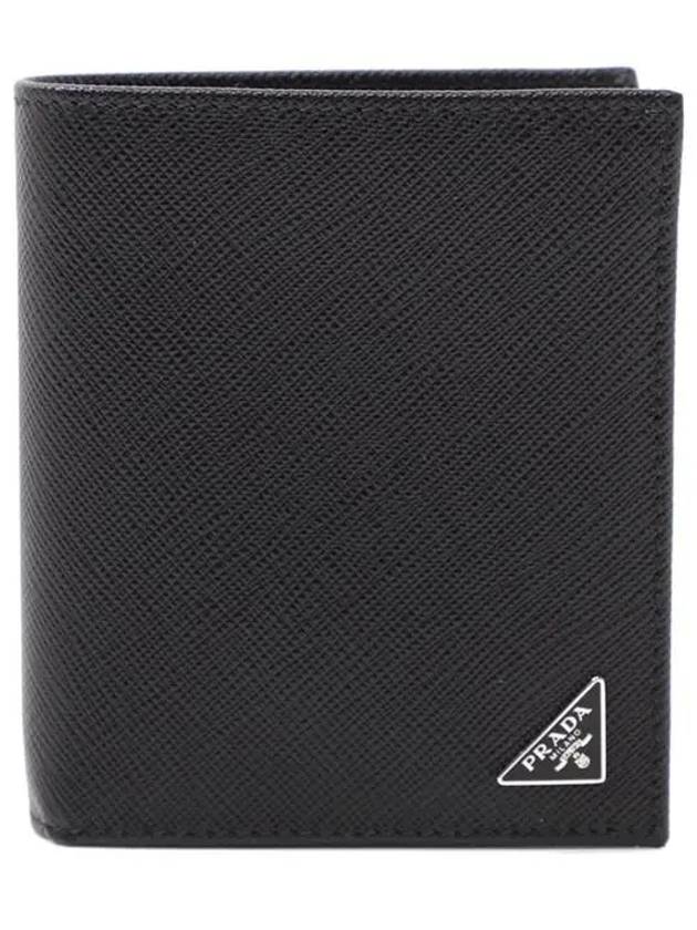 Triangular Logo Saffiano Half Wallet Black - PRADA - BALAAN 2