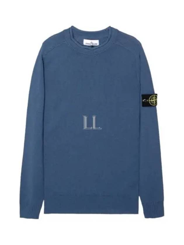 Men's Waffen Patch Crew Neck Raw Cotton Knit Top Blue - STONE ISLAND - BALAAN 2