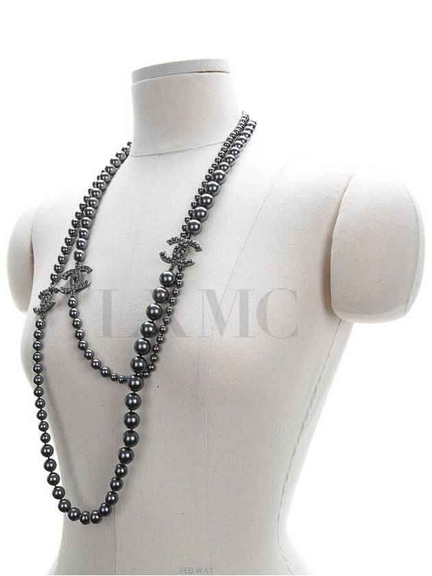 100th Anniversary Ruthenium Long Necklace CC Logo Chain Pearl Gray - CHANEL - BALAAN 3