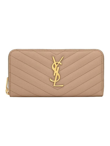 Matelasse Monogram Zipper Around Long Wallet Beige - SAINT LAURENT - BALAAN 1