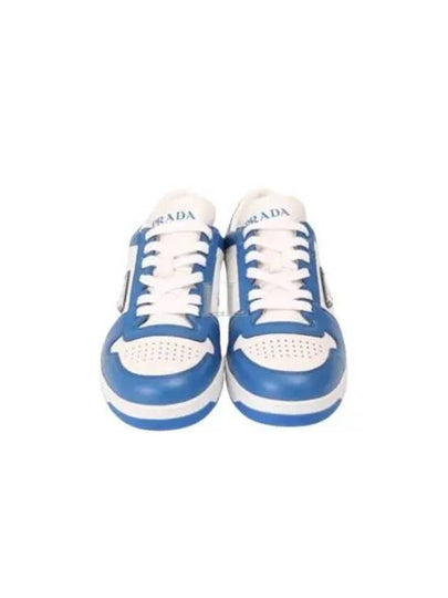 Men's Downtown Triangle Logo Leather Low Top Sneakers White Cobalt Blue - PRADA - BALAAN 2