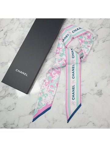 CC Logo Flower Pattern Print Silk Slim Bandeau Twilly Petite Scarf Pink AA8141 - CHANEL - BALAAN 1