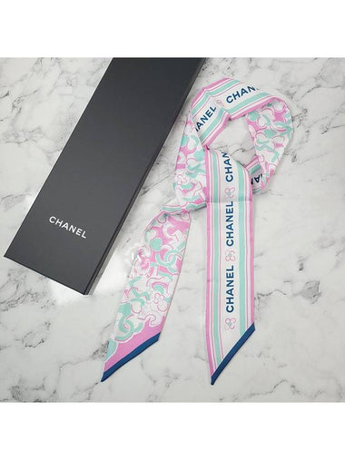 CC Logo Flower Pattern Print Silk Slim Bandeau Twilly Petite Scarf Pink AA8141 - CHANEL - BALAAN 1