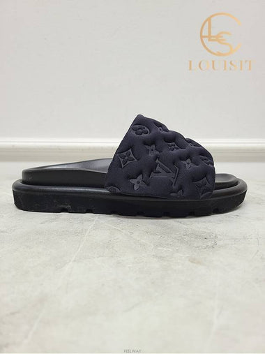 Used luxury goods Lewis IT 37 Black Monogram Full Pillow Flat Comfort Mule Slippers - LOUIS VUITTON - BALAAN 1