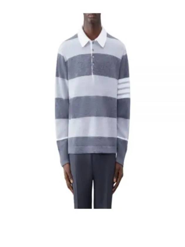 Rugby Striped Merino 4-Bar Long Sleeve Polo Shirt Grey - THOM BROWNE - BALAAN 2