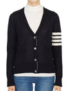 Sustainable Fine Merino Wool 4-Bar Relaxed Fit V-Neck Cardigan Navy - THOM BROWNE - BALAAN 3