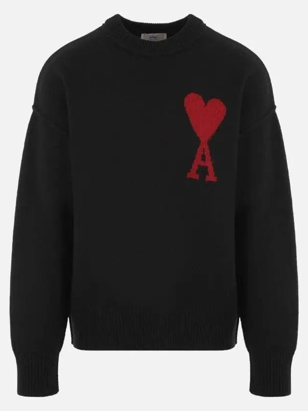 Intarsia Big Heart Logo Wool Knit Top Black - AMI - BALAAN 3