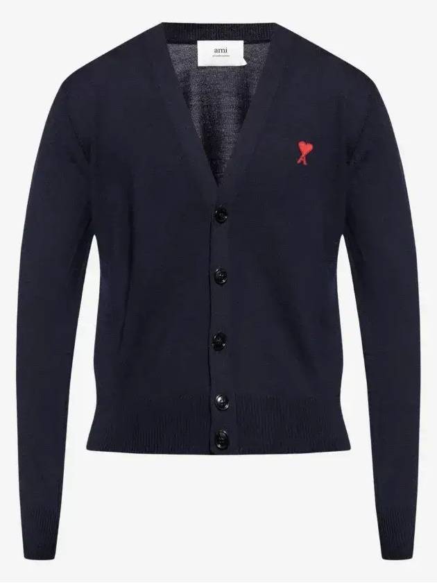 Red Heart Logo Merino Wool Cardigan Navy - AMI - BALAAN 2