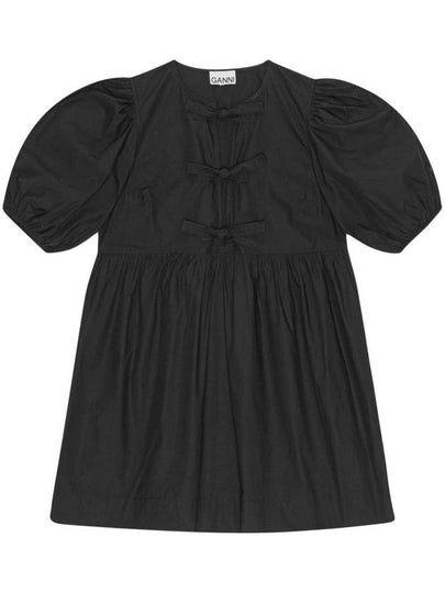 Poplin Tie String Cotton Short Dress Black - GANNI - BALAAN 2