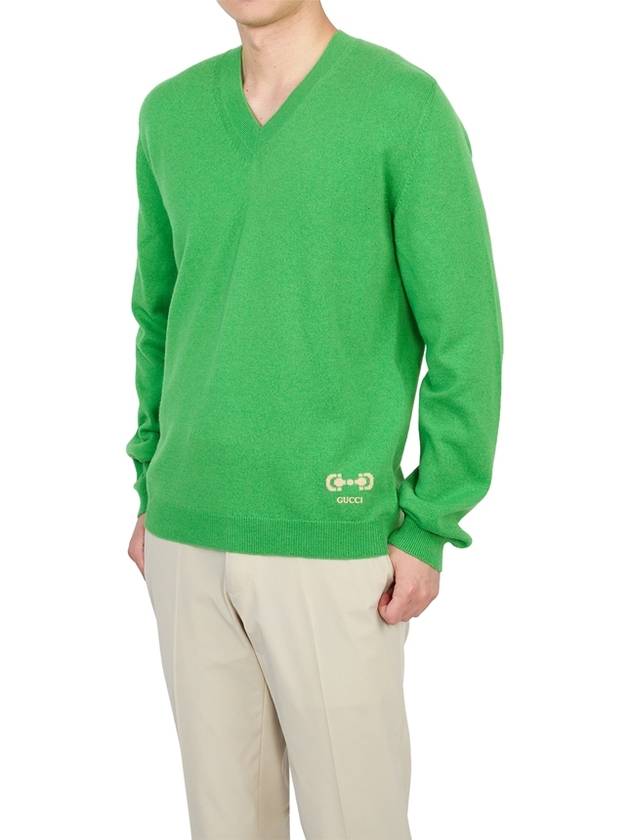 Men's Cashmere Embroidered Logo V-Neck Knit Top Green - GUCCI - BALAAN 6