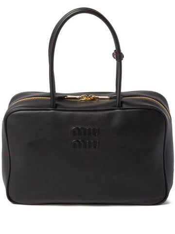 Beau Embossed Logo Leather Tote Bag Black - MIU MIU - BALAAN 1