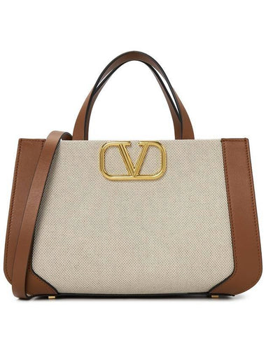 Women's V Logo Signature Canvas Tote Bag Beige - VALENTINO - BALAAN 1