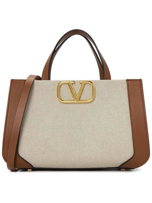 Women's V Logo Signature Canvas Tote Bag Beige - VALENTINO - BALAAN 1