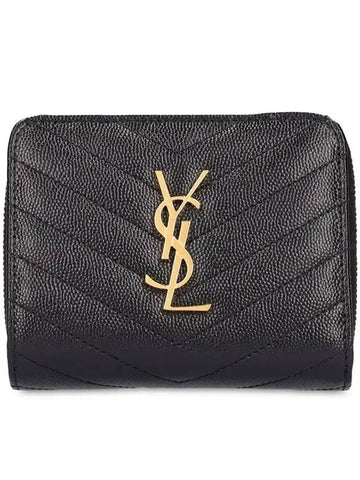 Gold Color Metal Logo Leather Snap Button Zipper Wallet Black - SAINT LAURENT - BALAAN 1