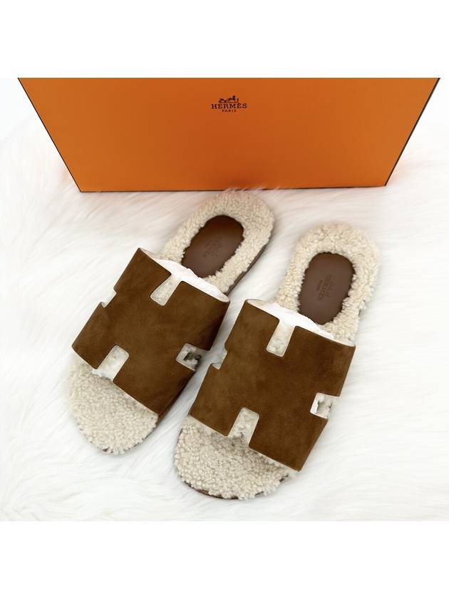 Izmir Sandals Suede Goatskin Woolskin Marron Tek Ecru - HERMES - BALAAN 3