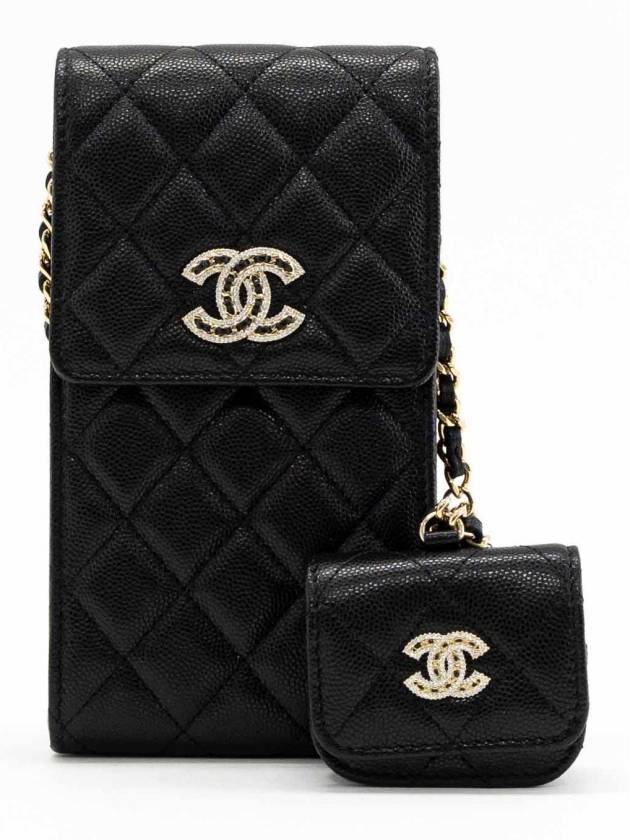 Classic Phone Holder AirPod Case Chain Mini Bag Black Champagne Gold AP2742 - CHANEL - BALAAN 1