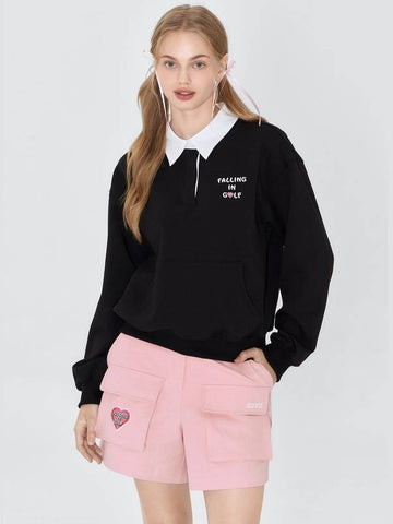 Falling In Golf Collar Pocket Sweatshirt Black - GOXO - BALAAN 1