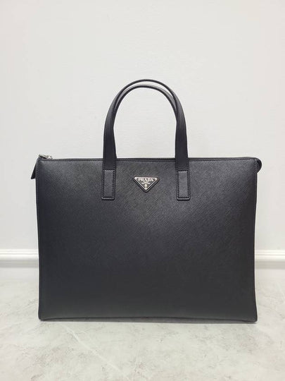 Black Saffiano triangle logo leather men s tote bag - PRADA - BALAAN 2