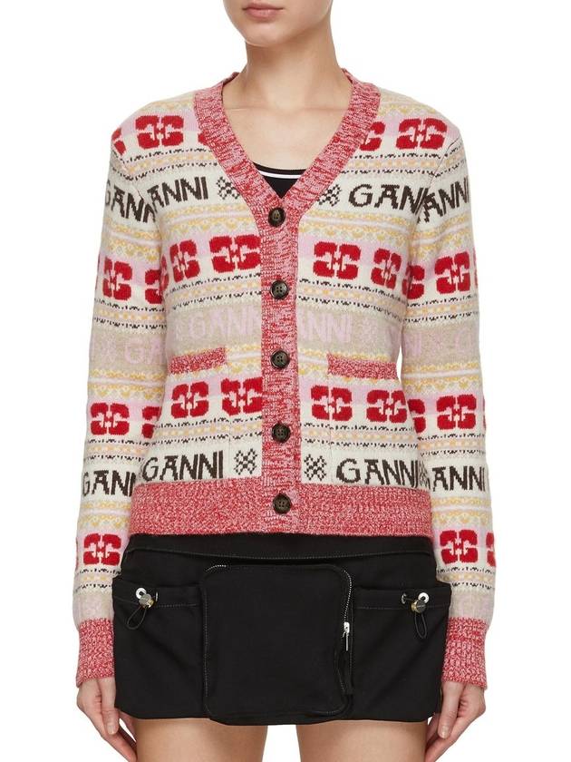 Logo V-neck Wool Blend Cardigan Red - GANNI - BALAAN 3