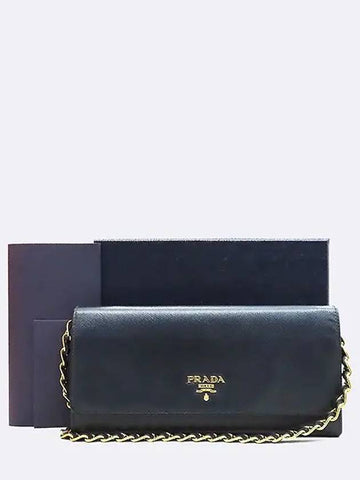 1M1290 Black Saffiano Gold Logo Long Wallet Chain Strap - PRADA - BALAAN 1