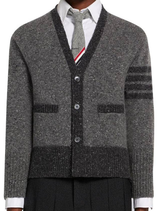 Men's Jersey Stitch Mohair Tweed 4 Lines V-Neck Cardigan Grey - THOM BROWNE - BALAAN
