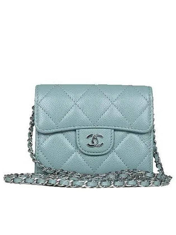 AP0238 Light blue caviar silver COCO logo chain cross mini card wallet - CHANEL - BALAAN 1