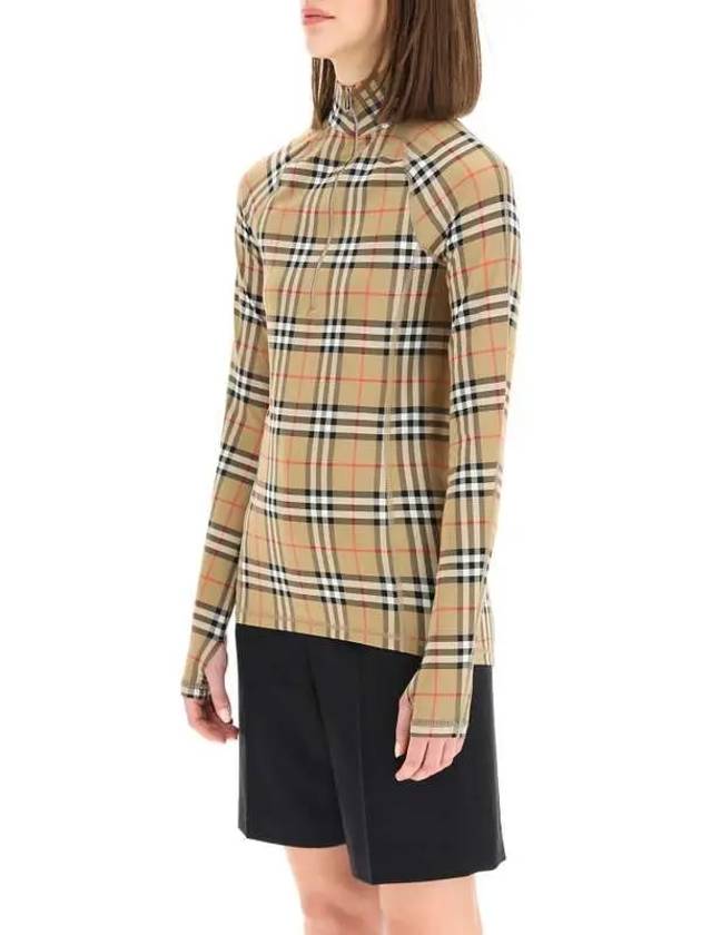 Women's Check Stretch Jersey Half Zip Up Long Sleeve T-Shirt Beige - BURBERRY - BALAAN 5