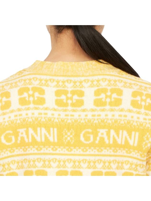 Intarsia Logo Wool V-Neck Cardigan Yellow - GANNI - BALAAN 8