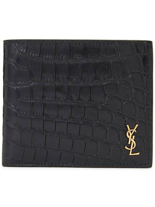 Crocodile Pattern Monogram Half Wallet Black Gold - SAINT LAURENT - BALAAN 1