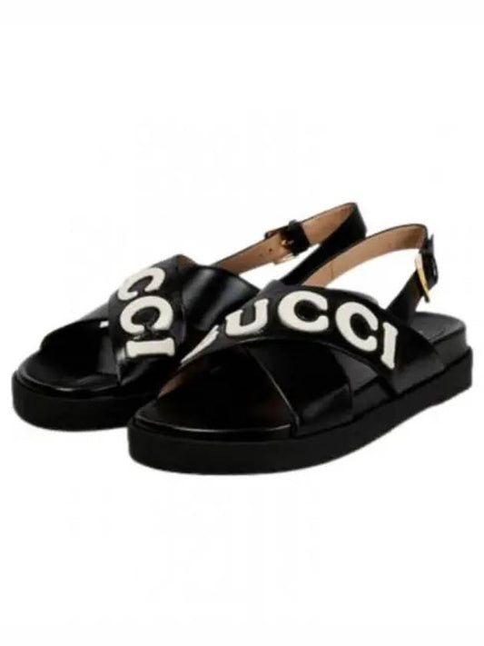 Women's Logo Leather Sandals Black - GUCCI - BALAAN 2