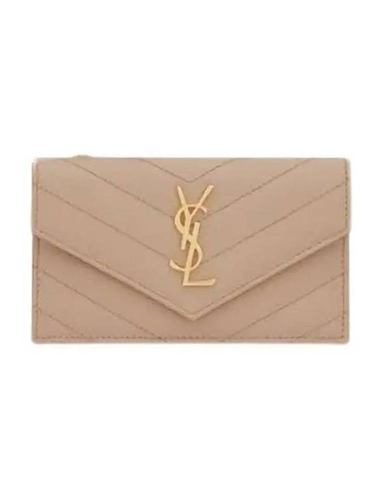 Cassandre Matelasse Fragment Emboss Leather Flap Card Wallet Dark Beige - SAINT LAURENT - BALAAN 1