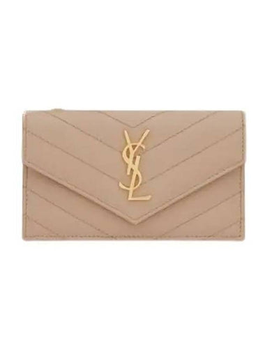 Cassandre Matelasse Fragment Emboss Leather Flap Card Wallet Dark Beige - SAINT LAURENT - BALAAN 1