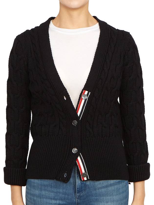 Merino Wool Crisscross Cable Stitch 3/4 Sleeve V-Neck Cardigan Navy - THOM BROWNE - BALAAN 2