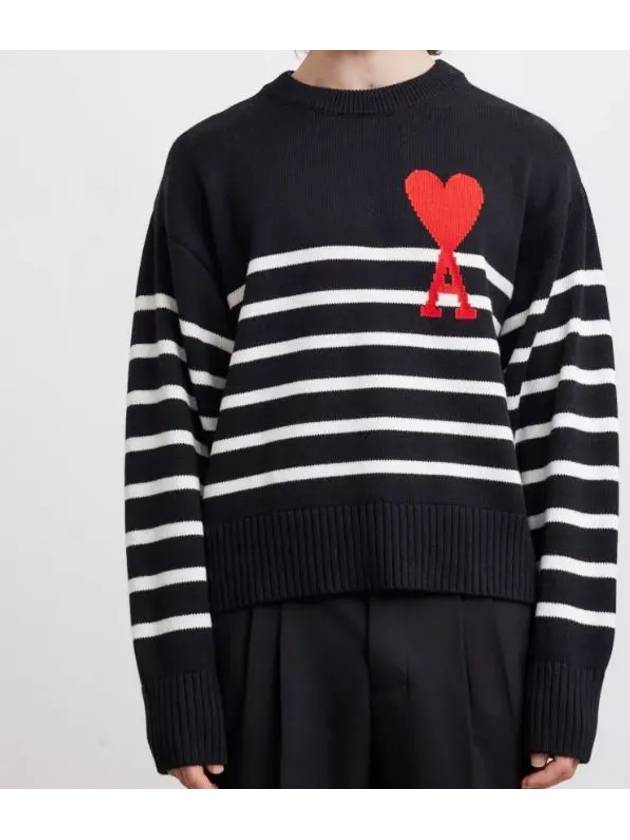 Striped Big Heart Logo Knit Top Black - AMI - BALAAN 4