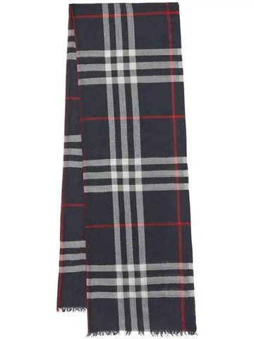 Check Lightweight Wool Silk Muffler Navy - BURBERRY - BALAAN.