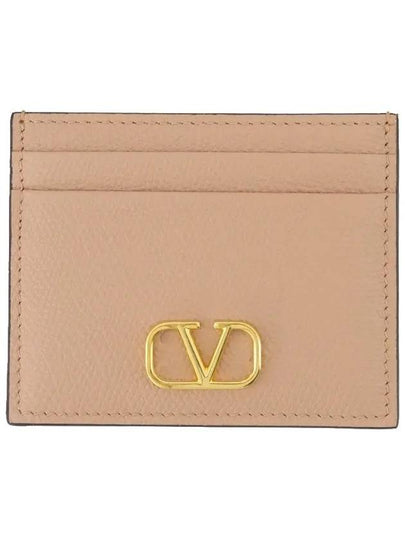 V Logo Signature Grainy Calfskin Card Wallet Pink - VALENTINO - BALAAN 2