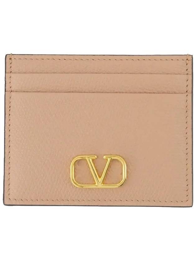 V Logo Signature Grainy Calfskin Card Wallet Pink - VALENTINO - BALAAN 3