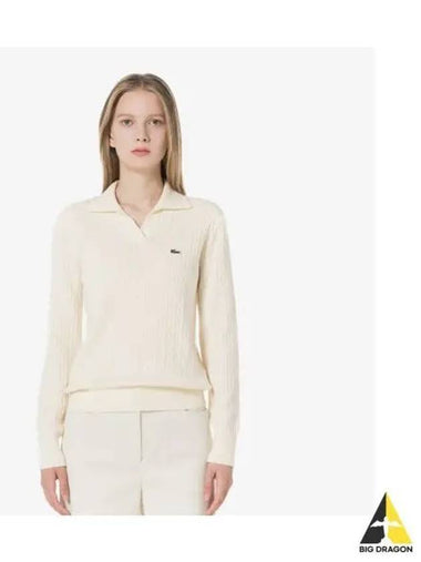 Women s Cable Open Collar Sweater Cream - LACOSTE - BALAAN 1