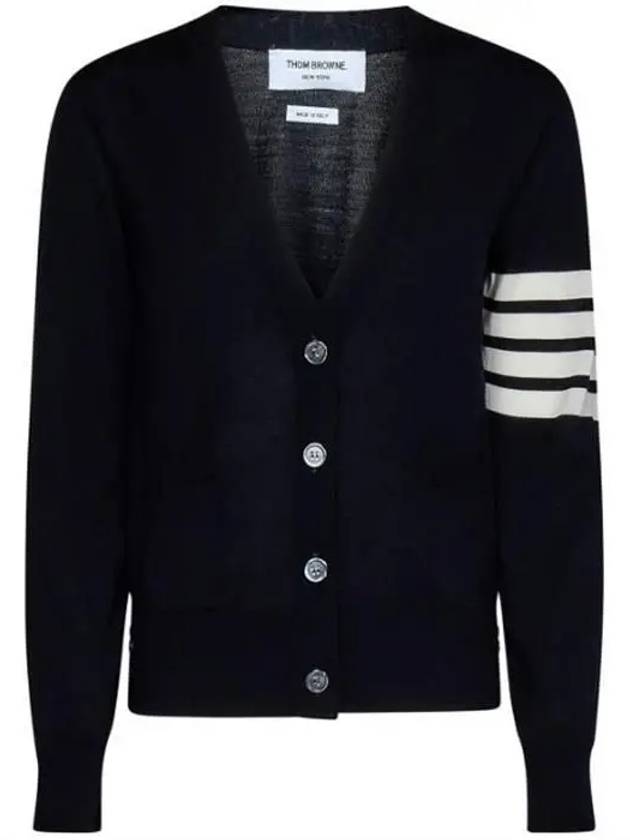 Sustainable Fine Merino Wool 4-Bar Relaxed Fit V-Neck Cardigan Navy - THOM BROWNE - BALAAN 3