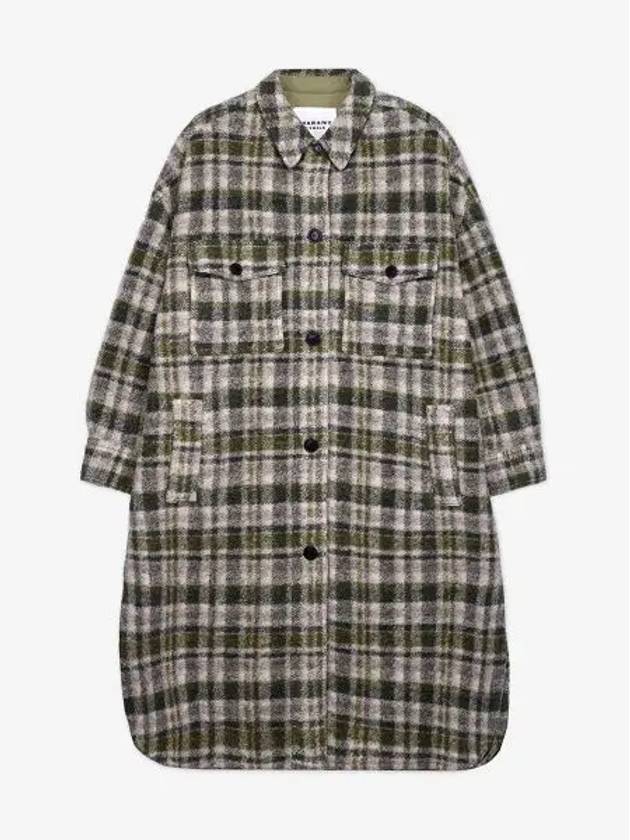 Fontizi Long Check Wool Single Coat Khaki Ecru - ISABEL MARANT - BALAAN 2